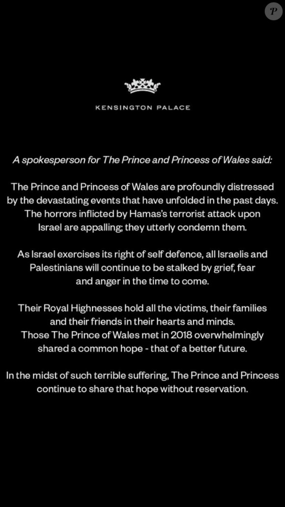 Ils se sont déclarés "affligés" par la situation.
Le prince et la princesse de Galles ont publié un communiqué sur la situation en Israël. @ Instagram
