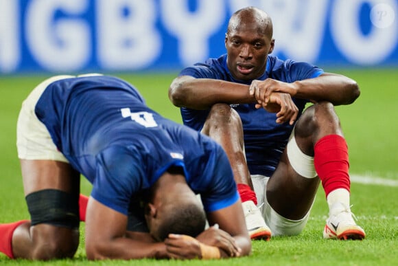 Cameron Woki et Sekou Macalou - Coupe du Monde de Rugby France 2023 - Match de quart de finale "France-Afrique du Sud (28-29)" au Stade de France à Saint-Denis le 15 octobre 2023. © © Moreau-Jacovides/Bestimage  Rugby World Cup France 2023 - Quarter-final match "France-South Africa (28-29)" at the Stade de France in Saint-Denis on October 15, 2023. 