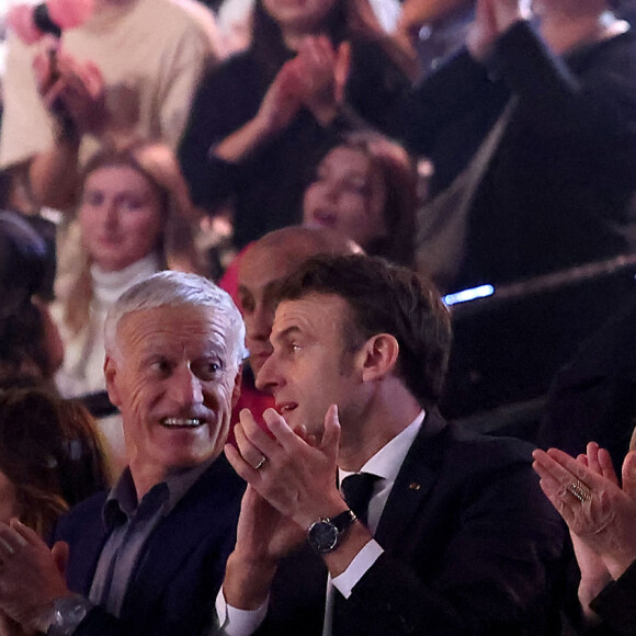 Exclusif - Claude et son mari Didier Deschamps, Emmanuel et Brigitte Macron, sa fille Tiphaine Auzière - Personnalités lors de l'enregistrement de l'émission "Le gala des Pièces Jaunes, le concert événement" au Zenith de Paris, et diffusée le 28 janvier sur France 2. Le 25 janvier 2023 © Dominique Jacovides / Bestimage