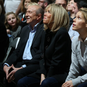 Gérard Collomb, Brigitte Macron et sa fille Tiphaine Auzière au meeting de Emmanuel Macron (candidat de ''En marche !'' pour l'élection présidentielle 2017) au Palais des Sports de Lyon le 4 février 2017. © Dominique Jacovides - Sébastien Valiela / Bestimage