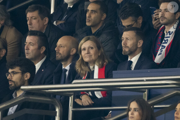 Karl Olive, Yaël Braun-Pivet - People dans les tribunes lors du match de ligue des champions entre le PSG et l'AC Milan au Parc des Princes à Paris le 25 octobre 2023. © Cyril Moreau/Bestimage