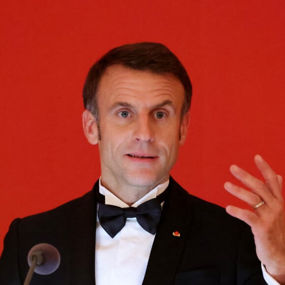 Discours et toast de Emmanuel Macron - Dîner d'état en l'honneur du président Emmanuel Macron et sa femme Brigitte Macron offert par le président de la Confédération suisse à Berne le 15 novembre 2023. © Dominique Jacovides / Bestimage 