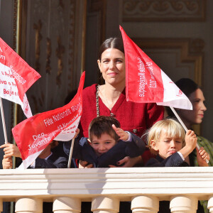 Charlotte Casiraghi et son fils Balthazar Rassam, Francesco Casiraghi - La famille princière de Monaco au balcon du palais, à l'occasion de la Fête Nationale de Monaco. Le 19 novembre 2023 © Dominique Jacovides-Bruno Bebert / Bestimage 