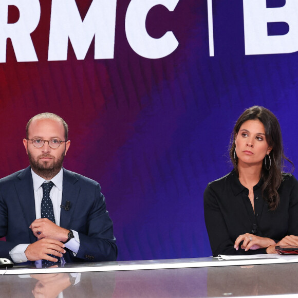 Arthur Dreyfuss et Apolline de Malherbe lors de la conférence de presse de rentrée BFM TV. - RMC du groupe Altice France à Paris, France, le 31 août 2023. © Coadic Guirec/Bestimage