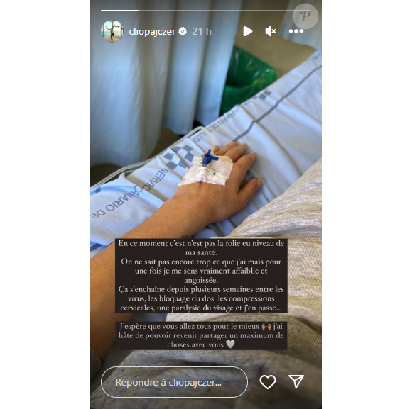 Sur Instagram le 3 décembre, Clio Pajczer avait inquiété les internautes en partageant une photo depuis son lit d'hôpital, révélant être "affaiblie et angoissée".
Clio Pajczer, ancienne chroniqueuse de "Touche pas à mon poste", se dévoile au plus mal depuis son lit d'hôpital.