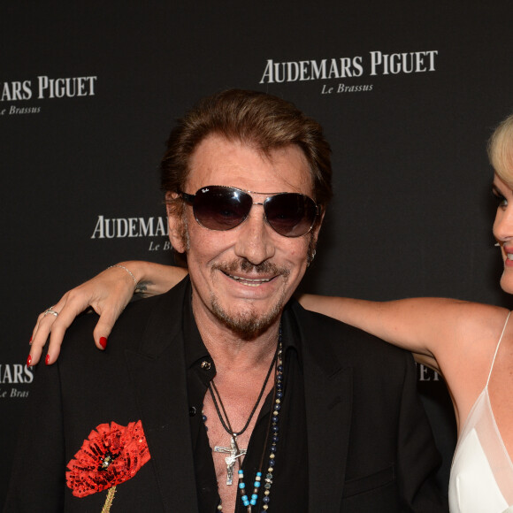 Exclusif - Johnny Hallyday et sa femme Laeticia Hallyday - La maison Audemars Piguet a célébré le lancement de la nouvelle Millenary Femme au Carreau du Temple à Paris le 6 juillet 2015.