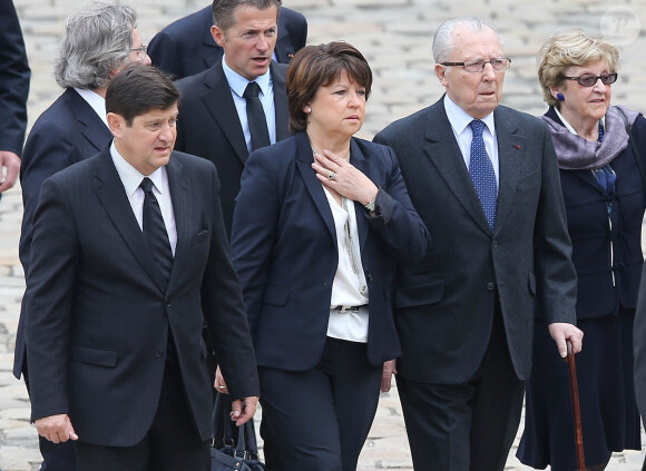 Info - Jacques Delors est décédé à l'âge de 98 ans -  - Martine Aubry, Jacques Delors et sa femme - Obseques de Pierre Mauroy aux Invalides a Paris le 11 juin 2013. 