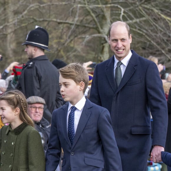 Le prince William, prince de Galles, et Catherine (Kate) Middleton, princesse de Galles, La princesse Charlotte de Galles,,Le prince George de Galles,, Le prince Louis de Galles,, Mia Tindall, - Messe de Noël, 25 décembre 2023