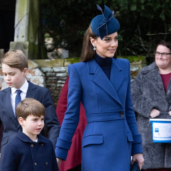 Catherine (Kate) Middleton, princesse de Galles, le prince George de Galles et le prince Louis de Galles - Les membres de la famille royale britannique lors de la messe du matin de Noël en l'église St-Mary Magdalene à Sandringham, le 25 décembre 2023.