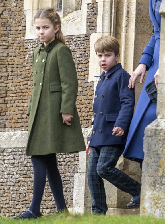 La princesse Charlotte de Galles, le prince Louis de Galles - Les membres de la famille royale britannique lors de la messe du matin de Noël en l'église St-Mary Magdalene à Sandringham, le 25 décembre 2023.