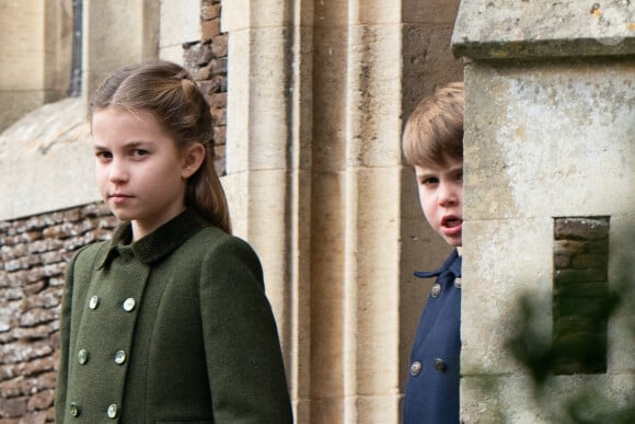 La princesse Charlotte de Galles et le prince Louis de Galles - Les membres de la famille royale britannique lors de la messe du matin de Noël en l'église St-Mary Magdalene à Sandringham, le 25 décembre 2023.