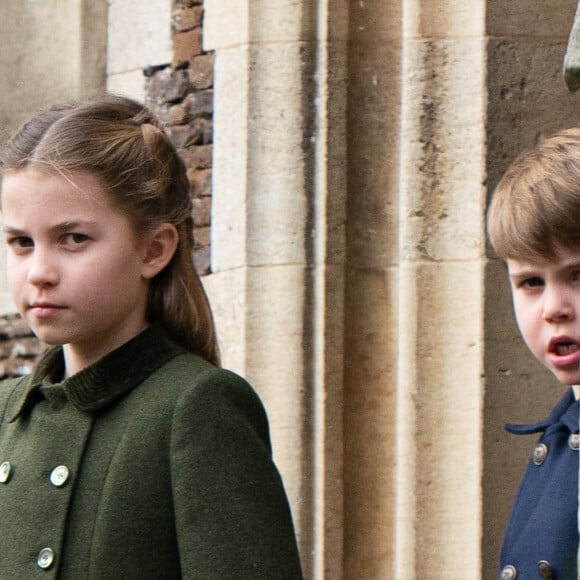 La princesse Charlotte de Galles et le prince Louis de Galles - Les membres de la famille royale britannique lors de la messe du matin de Noël en l'église St-Mary Magdalene à Sandringham, le 25 décembre 2023.