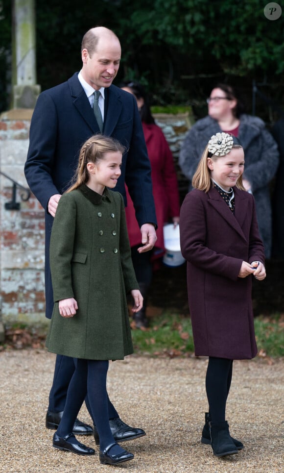 Le prince William, prince de Galles, la princesse Charlotte de Galles, Mia Tindall - Les membres de la famille royale britannique lors de la messe du matin de Noël en l'église St-Mary Magdalene à Sandringham, le 25 décembre 2023.