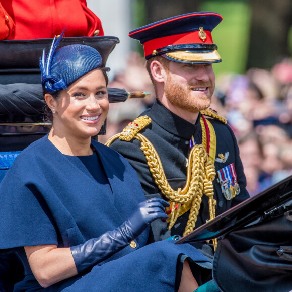 Le prince Harry, duc de Sussex, et Meghan Markle, duchesse de Sussex, première apparition publique de la duchesse depuis la naissance du bébé royal Archie lors de la parade Trooping the Colour 2019, célébrant le 93ème anniversaire de la reine Elisabeth II, au palais de Buckingham, Londres, le 8 juin 2019. 