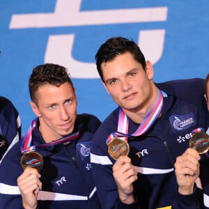 Jeremy Stravius, Amaury Leveaux, Frederick Bousquet et Florent Manaudou relais 4 x 50 m nage libre lors des Championnats d' Europe de Natation a Chartres le 25 Novembre 2012.
