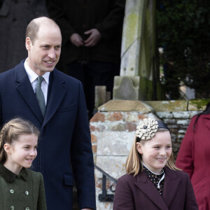 Le prince William, prince de Galles, La princesse Charlotte de Galles, Mia Tindall - Les membres de la famille royale britannique lors de la messe du matin de Noël en l'église St-Mary Magdalene à Sandringham, le 25 décembre 2023. 