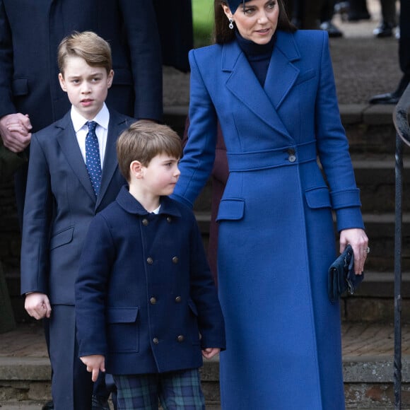 Catherine (Kate) Middleton, princesse de Galles, le prince George de Galles et le prince Louis de Galles - Les membres de la famille royale britannique lors de la messe du matin de Noël en l'église St-Mary Magdalene à Sandringham, le 25 décembre 2023.