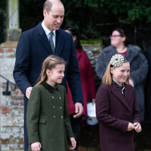 Le prince William, prince de Galles, la princesse Charlotte de Galles, Mia Tindall - Les membres de la famille royale britannique lors de la messe du matin de Noël en l'église St-Mary Magdalene à Sandringham, le 25 décembre 2023. 