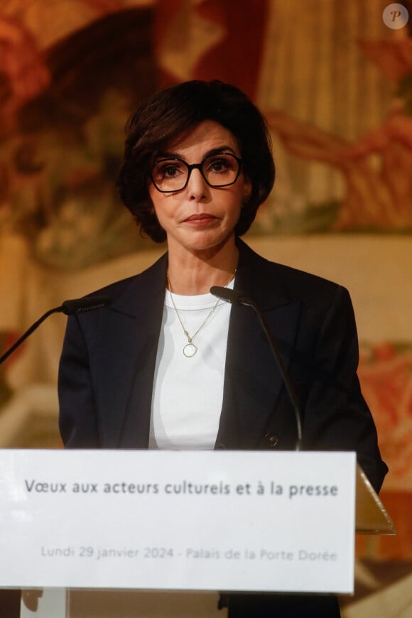 Voeux de la ministre de la culture Rachida Dati aux acteurs culturels et à la presse au musée de l'immigration à Paris, France, le 29 janvier 2024. "Je suis absolument déterminée (...) Un grand bravo pour tout ce que vous faites déjà. Un grand merci par avance pour ce que nous ferons ensemble. Quand je vous quitterai, vous ne pleurerez pas. Vous m'applaudirez!". © Christophe Clovis/Bestimage