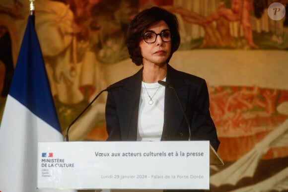 Voeux de la ministre de la culture Rachida Dati aux acteurs culturels et à la presse au musée de l'immigration à Paris, France, le 29 janvier 2024. "Je suis absolument déterminée (...) Un grand bravo pour tout ce que vous faites déjà. Un grand merci par avance pour ce que nous ferons ensemble. Quand je vous quitterai, vous ne pleurerez pas. Vous m'applaudirez!". © Christophe Clovis/Bestimage