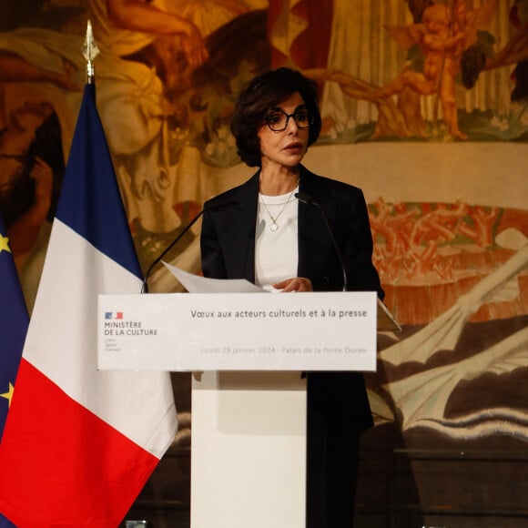 Voeux de la ministre de la culture Rachida Dati aux acteurs culturels et à la presse au musée de l'immigration à Paris, France, le 29 janvier 2024. "Je suis absolument déterminée (...) Un grand bravo pour tout ce que vous faites déjà. Un grand merci par avance pour ce que nous ferons ensemble. Quand je vous quitterai, vous ne pleurerez pas. Vous m'applaudirez!". © Christophe Clovis/Bestimage