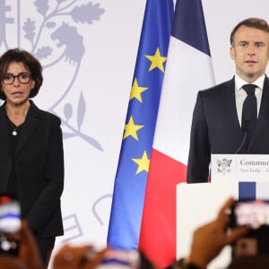 Rachida Dati, ministre française de la Culture et le président français, Emmanuel Macron - Le président de la République française E.Macron prononce un discours lors de la réception donnée en l'honneur de la communauté française à New Delhi, le 26 janvier 2024, dans le cadre de son voyage officiel en Inde. Le chef de l'Etat est en Inde du 25 au 26 janvier 2024 pour participer en tant qu’invité d’honneur à la fête de la Constitution indienne, "Republic Day", le 26 janvier, sur l’invitation du Premier ministre indien N.Modi. © Dominique Jacovides / Bestimage  The President of the French Republic E. Macron delivers a speech during the reception given in honor of the French community in New Delhi, January 26, 2024, as part of his official trip to India. The Head of State is in India from January 25 to 26, 2024 to participate as guest of honor in the Indian Constitution Day, "Republic Day", on January 26, at the invitation of the Indian Prime Minister N.Modi. 