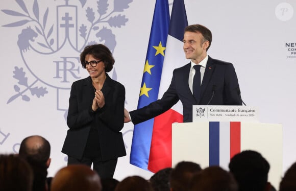 Rachida Dati, ministre française de la Culture et le président français, Emmanuel Macron - Le président de la République française E.Macron prononce un discours lors de la réception donnée en l'honneur de la communauté française à New Delhi, le 26 janvier 2024, dans le cadre de son voyage officiel en Inde. Le chef de l'Etat est en Inde du 25 au 26 janvier 2024 pour participer en tant qu’invité d’honneur à la fête de la Constitution indienne, "Republic Day", le 26 janvier, sur l’invitation du Premier ministre indien N.Modi. © Dominique Jacovides / Bestimage  The President of the French Republic E. Macron delivers a speech during the reception given in honor of the French community in New Delhi, January 26, 2024, as part of his official trip to India. The Head of State is in India from January 25 to 26, 2024 to participate as guest of honor in the Indian Constitution Day, "Republic Day", on January 26, at the invitation of the Indian Prime Minister N.Modi. 