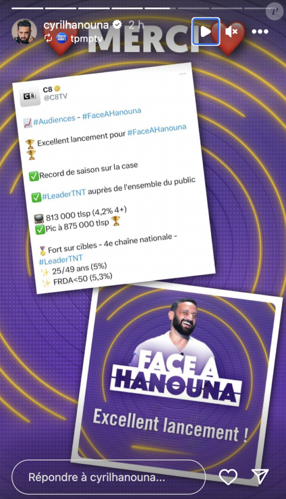 Cyril Hanouna réagit aux audiences de sa nouvelle émission "Face à Hanouna". Instagram