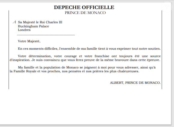 Il le soutient dans son combat à venir face à la maladie.
Depeche officielle, Albert de Monaco soutient Charles III atteint d'une forme de cancer.