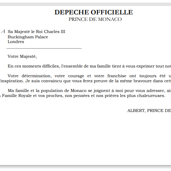 Il le soutient dans son combat à venir face à la maladie.
Depeche officielle, Albert de Monaco soutient Charles III atteint d'une forme de cancer.