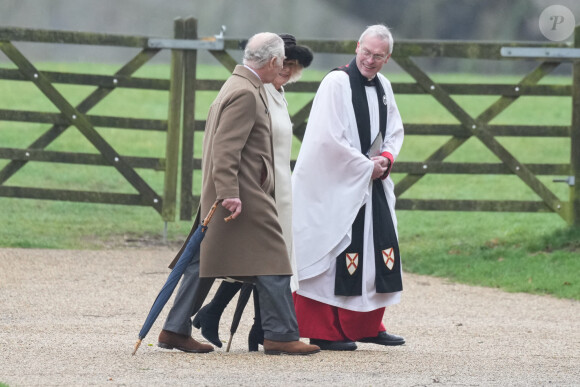 Charles III et la reine Camilla arrivent à la messe de St Mary Magdalene Church à Sandringham, dans le Norfolk. Dimanche 11 février 2024. @ PA Wire/ABACAPRESS.COM
