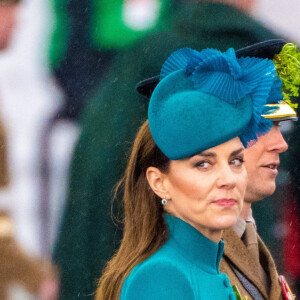 Le prince William, prince de Galles, et Catherine (Kate) Middleton, princesse de Galles, à l'assemblée annuelle des Irish Guards Parade de la St Patrick à Mons Barracks à Aldershot, le 17 mars 2023. Catherine (Kate) Middleton, princesse de Galles, a récemment été nommée colonelle de l'Irish Guards par le roi d'Angleterre. 