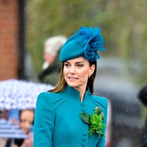 Catherine (Kate) Middleton, princesse de Galles, lors de l'assemblée annuelle des Irish Guards Parade de la St Patrick aux Mons Barracks à Aldershot, Royaume Uni le 17 mars 2023. Catherine (Kate) Middleton, princesse de Galles, a récemment été nommée colonelle de l'Irish Guards par le roi d'Angleterre. 