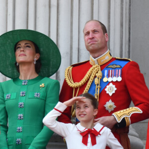 La princesse Charlotte, Kate Catherine Middleton, princesse de Galles, le prince William de Galles - La famille royale d'Angleterre sur le balcon du palais de Buckingham lors du défilé "Trooping the Colour" à Londres. Le 17 juin 2023  17 June 2023. The King, Charles III, becomes the first monarch in more than 30 years to take part in Trooping the Colour on horseback. The King rides from Buckingham Palace to Horse Guards and is joined on horseback by the royal Colonels - Prince of Wales, Colonel, Welsh Guards, the Princess Royal, Gold Stick in Waiting and Colonel, The Blues and Royals, Prince Edward, The Duke of Edinburgh. The Queen, Camilla, Catherine, Princess of Wales, the children, Prince George, Princess Charlotte, Prince Louis, are in open carriages. 