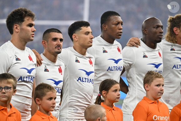 Damian Penaud et Thomas Ramos et Louis Bielle-Biarrey et Cameron Woki et Sekou Macalou - RUGBY : France vs Ecosse (30-27) - Match préparatif pour la coupe du monde 2023 à Saint-Étienne le 12 août 2023. © Frédéric Chambert / Panoramic / Bestimage