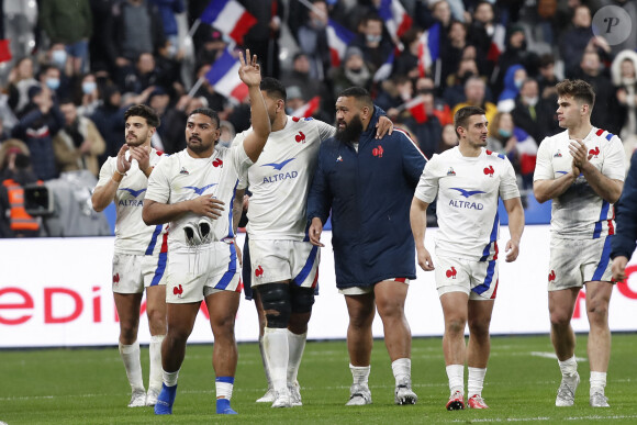 Romain Ntamack (France) - Damian Penaud (France) - Thomas Ramos (France) lors du match de Rugby du tournoi des VI Nations opposant la France à l’IItalie au Stade de France à Saint-Denis, FRance, le 6 février 2022. © Michael Baucher/Panoramic/Bestimage