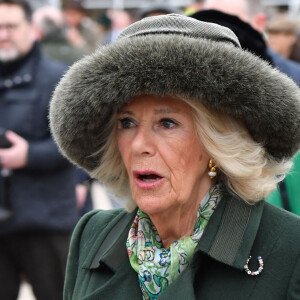 Elle y a notamment retrouvé la reine Camilla, qui s'est détendue après cette période difficile. 
Camilla Parker Bowles, reine consort d'Angleterre arrive au festival de Cheltenham 2024 le 13 mars 2024. 