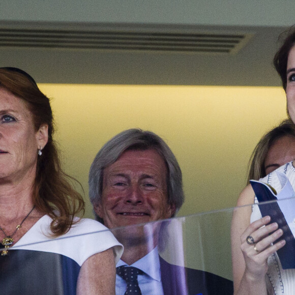 Sarah Margaret Ferguson, duchesse d'York, Le prince Andrew, duc d'York et la princesse Eugenie d'York assistent à la Course hippique Queen's horse Dartmouth à Ascot, le 23 juillet 2016 