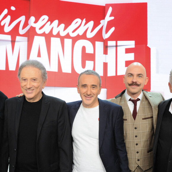 Exclusif - Patrick Fiori, Michel Drucker, Elie Semoun, Viktor Vincent et David Martin - Enregistrement de l'émission Vivement dimanche en hommage au duo Jean Poiret et Michel Serrault au studio Gabriel, presentée par Michel Drucker . Diffusion sur France 3 le 17 mars 2024. . © Guillaume Gaffiot / Bestimage 