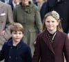 Heureusement, il sera entouré de ses cousins. 
Le prince Louis de Galles, Mia Tindall - Les membres de la famille royale britannique lors de la messe du matin de Noël en l'église St-Mary Magdalene à Sandringham, le 25 décembre 2023. 