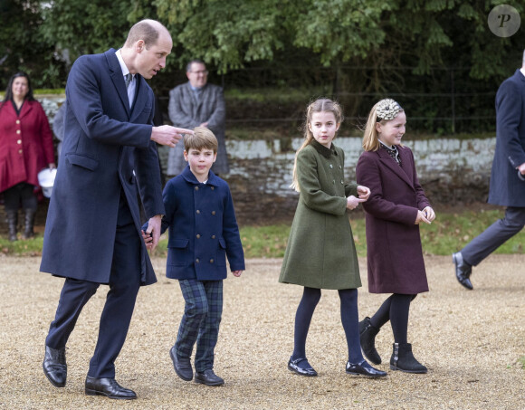 Le prince William, prince de Galles, Le prince Louis de Galles, La princesse Charlotte de Galles, Mia Tindall - Messe de Noël à Sandringham, 25 décembre 2023