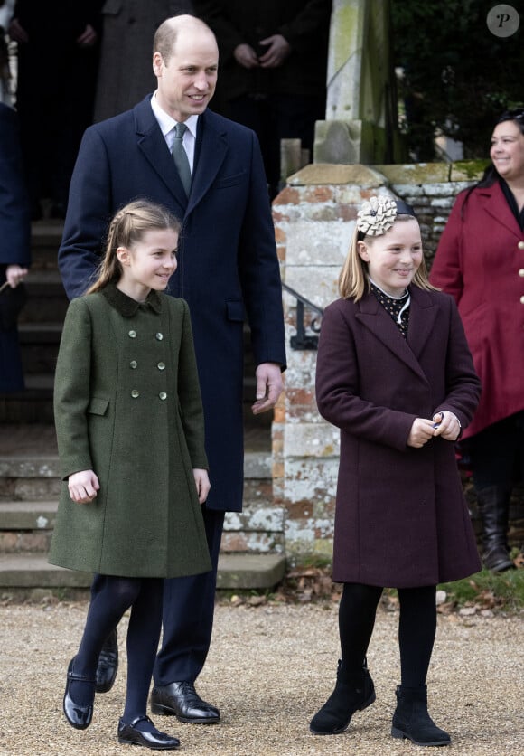 Le prince William, prince de Galles, la princesse Charlotte de Galles et Mia Tindall - Les membres de la famille royale britannique lors de la messe du matin de Noël en l'église St-Mary Magdalene à Sandringham, le 25 décembre 2023