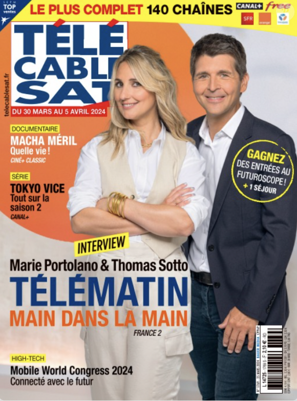 Marie Portolano et Thomas Sotto font la couverture du nouveau numéro de "Télé Cable Sat", paru le 25 mars 2024