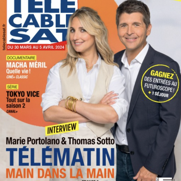 Marie Portolano et Thomas Sotto font la couverture du nouveau numéro de "Télé Cable Sat", paru le 25 mars 2024
