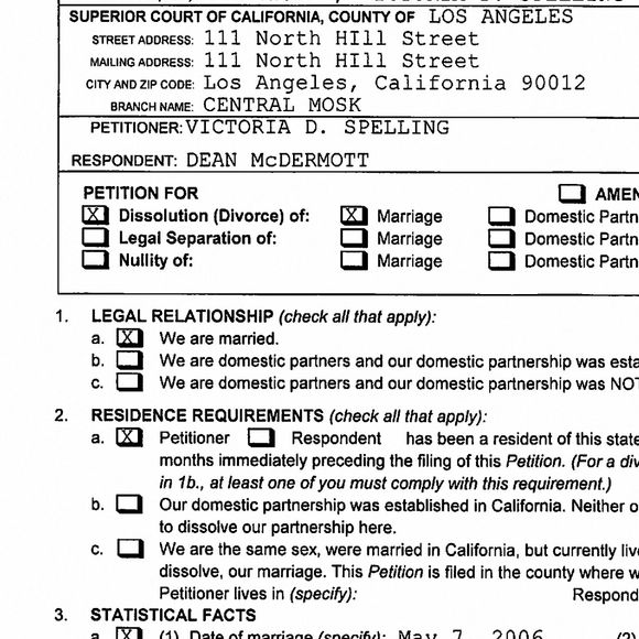 Los Angeles, CA - Tori Spelling a officiellement mis fin à son mariage avec Dean McDermott. Tori, mère de leurs cinq enfants, a demandé le divorce à Los Angeles, comme le montre ce document du tribunal. Le couple s'est marié le 7 mai 2006 et Tori indique que la date de séparation est le 17 juin 2023. Elle cite des "différences irréconciliables" comme cause de leur séparation.