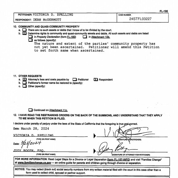 Los Angeles, CA - Tori Spelling a officiellement mis fin à son mariage avec Dean McDermott. Tori, mère de leurs cinq enfants, a demandé le divorce à Los Angeles, comme le montre ce document du tribunal. Le couple s'est marié le 7 mai 2006 et Tori indique que la date de séparation est le 17 juin 2023. Elle cite des "différences irréconciliables" comme cause de leur séparation.