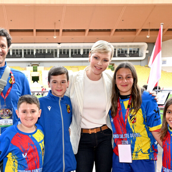 Le prince Albert II de Monaco et la princesse Charlene de Monaco ont assisté aux phases finales du 12eme Tournoi Sainte Devote et remis la coupe au vainqueur, l'Afrique du Sud, au stade Louis II de Monaco, le 20 avril 2024.