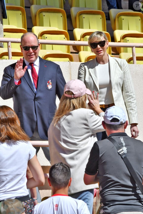 Le prince Albert II de Monaco et la princesse Charlene de Monaco ont assisté aux phases finales du 12eme Tournoi Sainte Devote au stade Louis II de Monaco, le 20 avril 2024.
