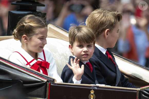 La princesse Charlotte, le prince Louis, le prince George de Galles - La famille royale d'Angleterre lors du défilé "Trooping the Colour" à Londres. Le 17 juin 2023  Princess Charlotte, Prince George and Prince Louis during Trooping the Colour at Horse Guards Parade, London. Trooping the Colour is a traditional parade held to mark the official birthday of Britains Sovereign. It will be the first Trooping the Colour held for King Charles III since he ascended to the throne. Westminster London England Horse Guards Parade Copyright: xBenjaminxGilbertx