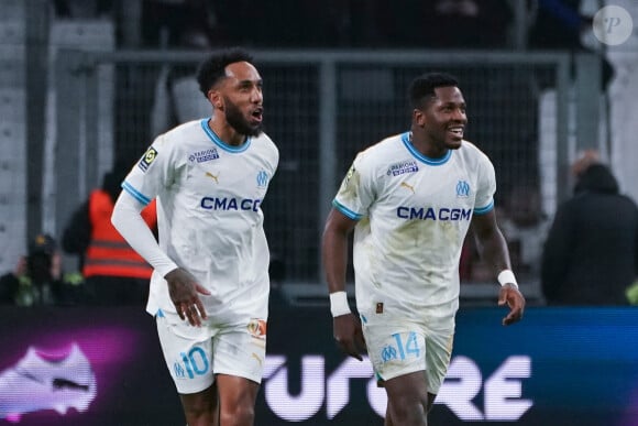 Joie - Faris Pemi Moumbagna (Olympique de Marseille) - Pierre Emerick Aubameyang (Olympique de Marseille) - Match de Ligue 1 Uber Eats "Marseille - Metz (1-1)" au stade Vélodrome, le 9 février 2024.